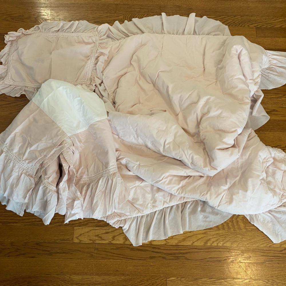 Restoration Hardware blush pink ruffled crib blanket, crib skirt, pillow sham